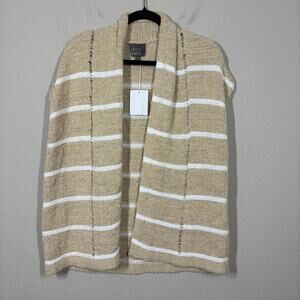 Leo & Sage Small Open Front Sleeveless Cardigan Tan White Stripe Cotton Blend
